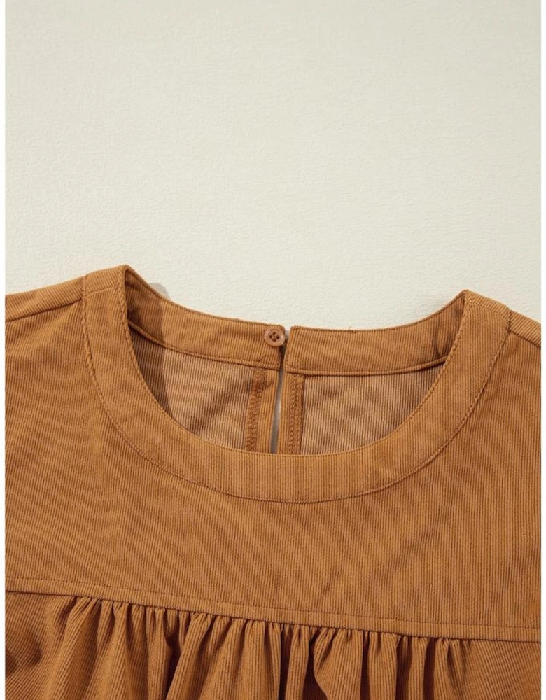 Desert Gold Corduroy Pleated Puff Sleeve Shift Short Dress