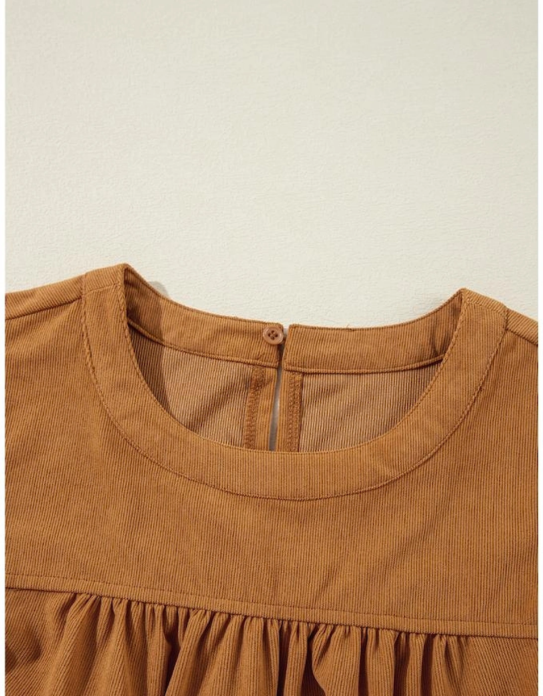 Desert Gold Corduroy Pleated Puff Sleeve Shift Short Dress