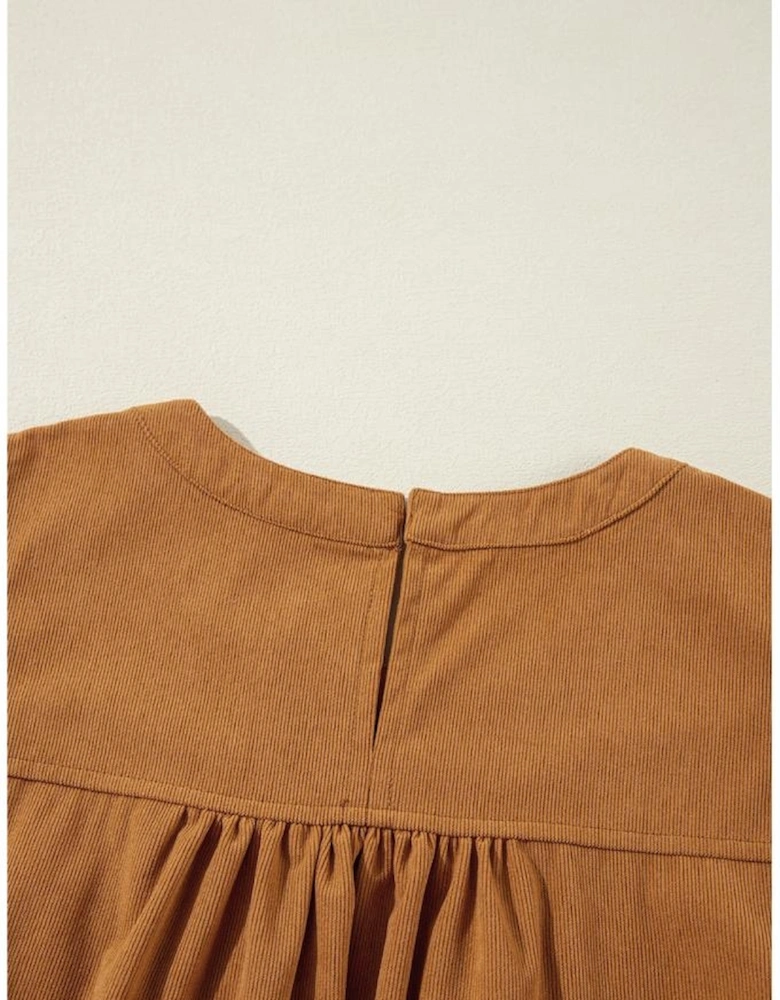 Desert Gold Corduroy Pleated Puff Sleeve Shift Short Dress