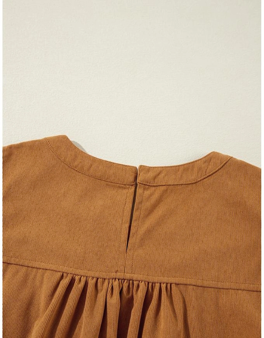 Desert Gold Corduroy Pleated Puff Sleeve Shift Short Dress