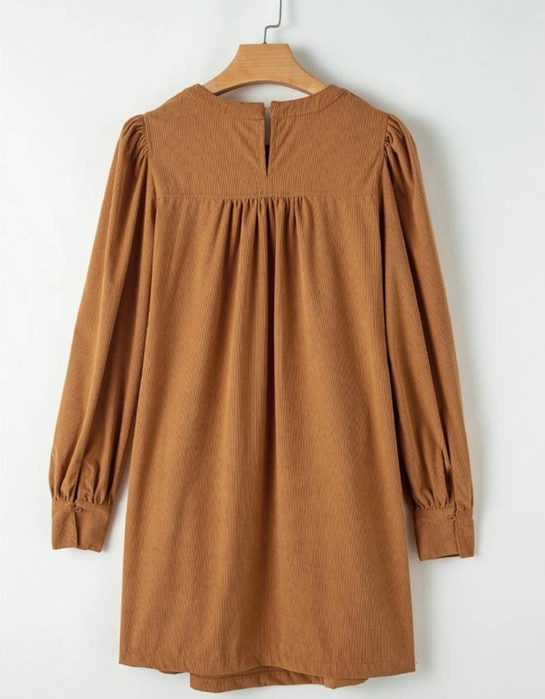Desert Gold Corduroy Pleated Puff Sleeve Shift Short Dress