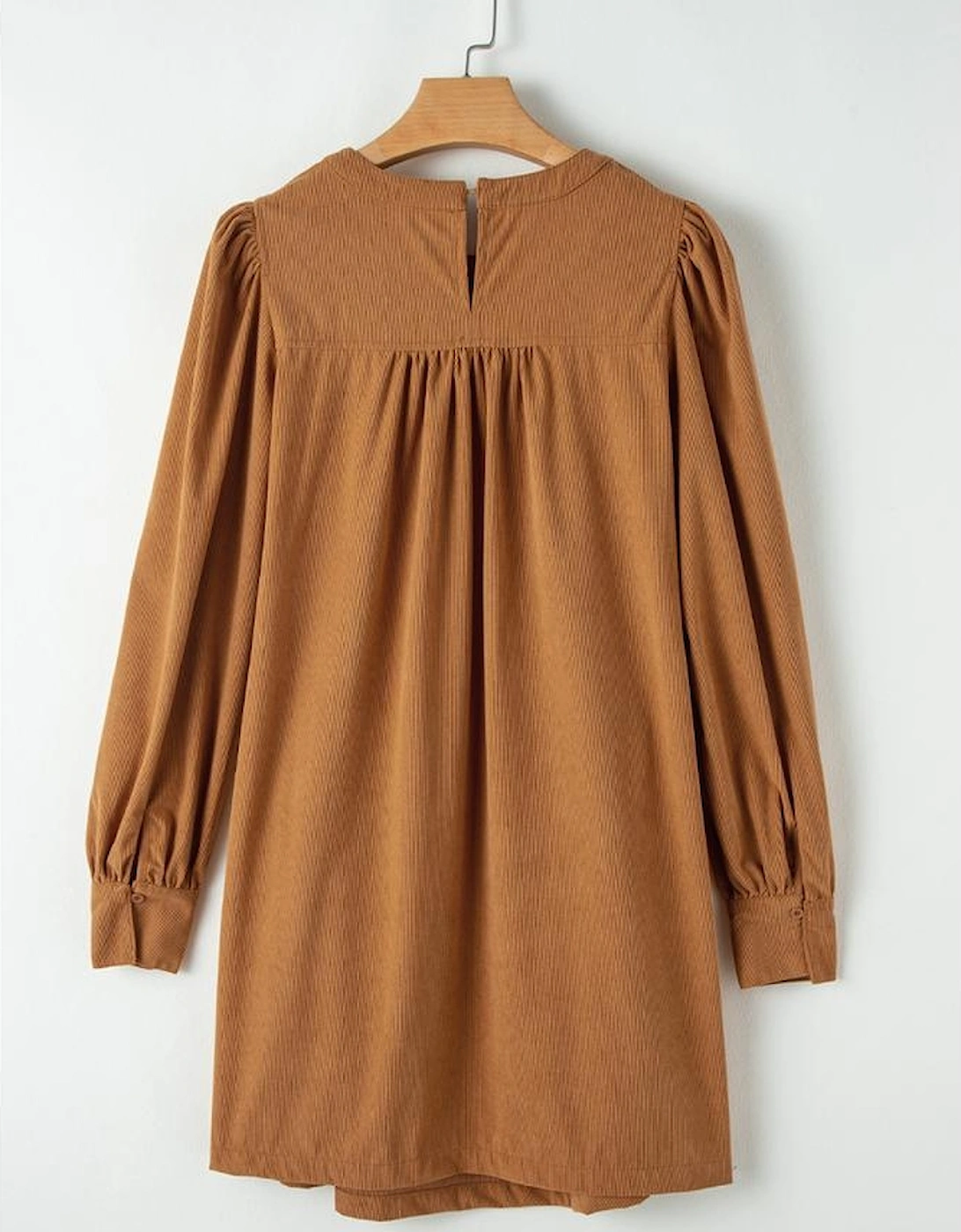 Desert Gold Corduroy Pleated Puff Sleeve Shift Short Dress