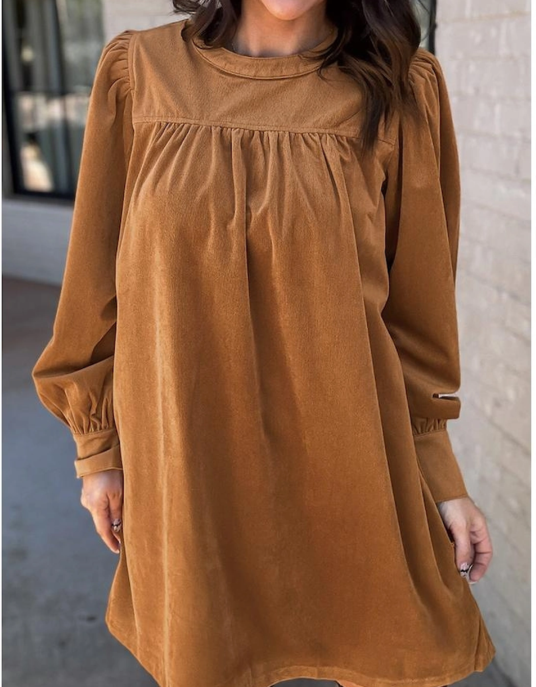 Desert Gold Corduroy Pleated Puff Sleeve Shift Short Dress