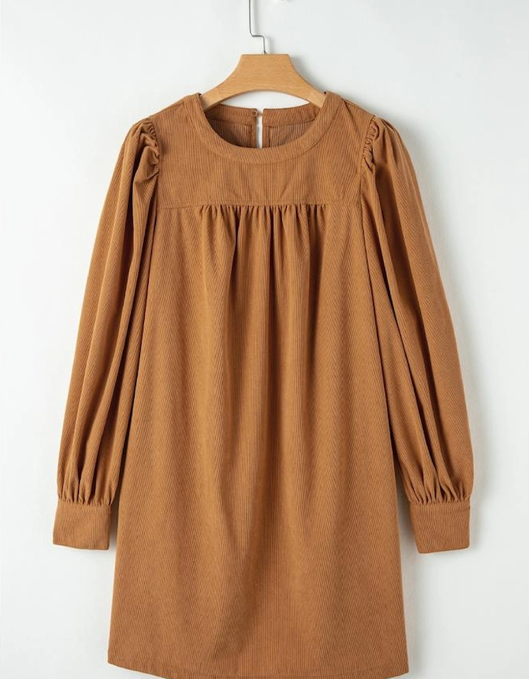 Desert Gold Corduroy Pleated Puff Sleeve Shift Short Dress