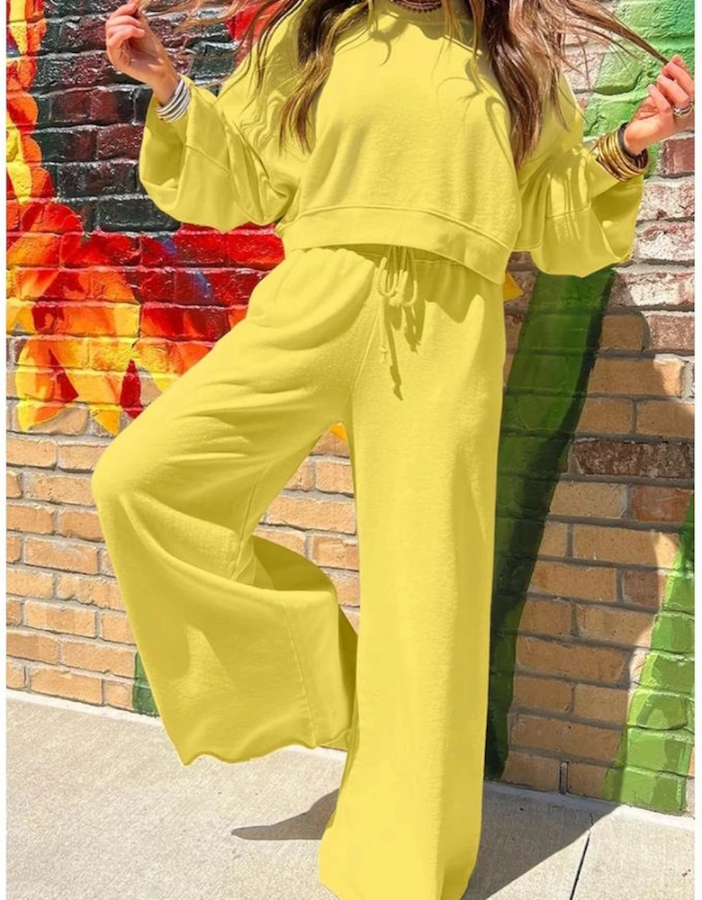 Yellow Cream Drop Shoulder Puff Sleeve Crop Pullover Drawstring Wide Leg Pants Set