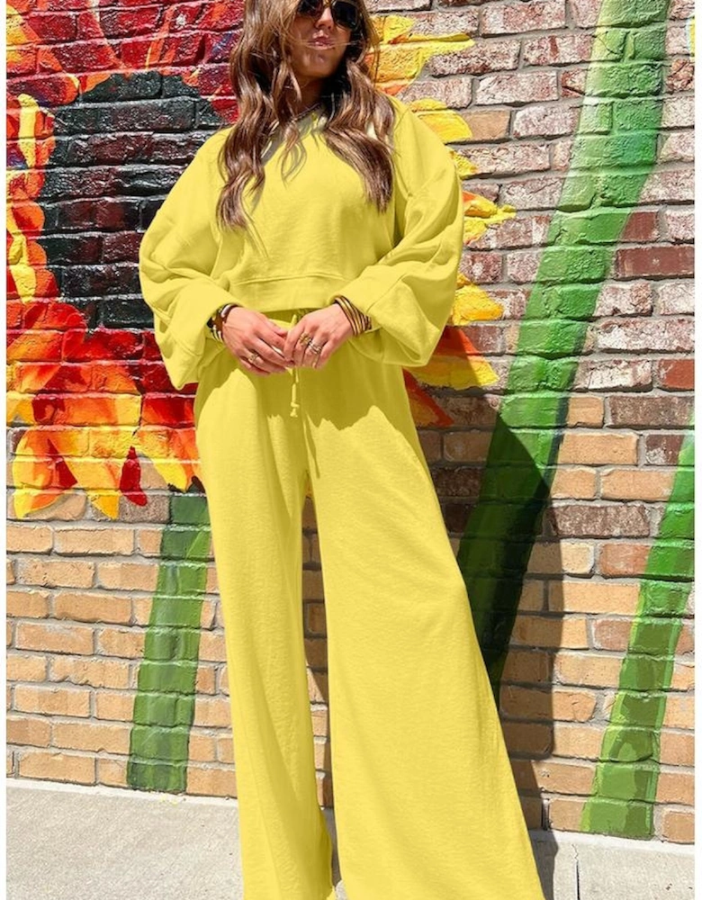 Yellow Cream Drop Shoulder Puff Sleeve Crop Pullover Drawstring Wide Leg Pants Set