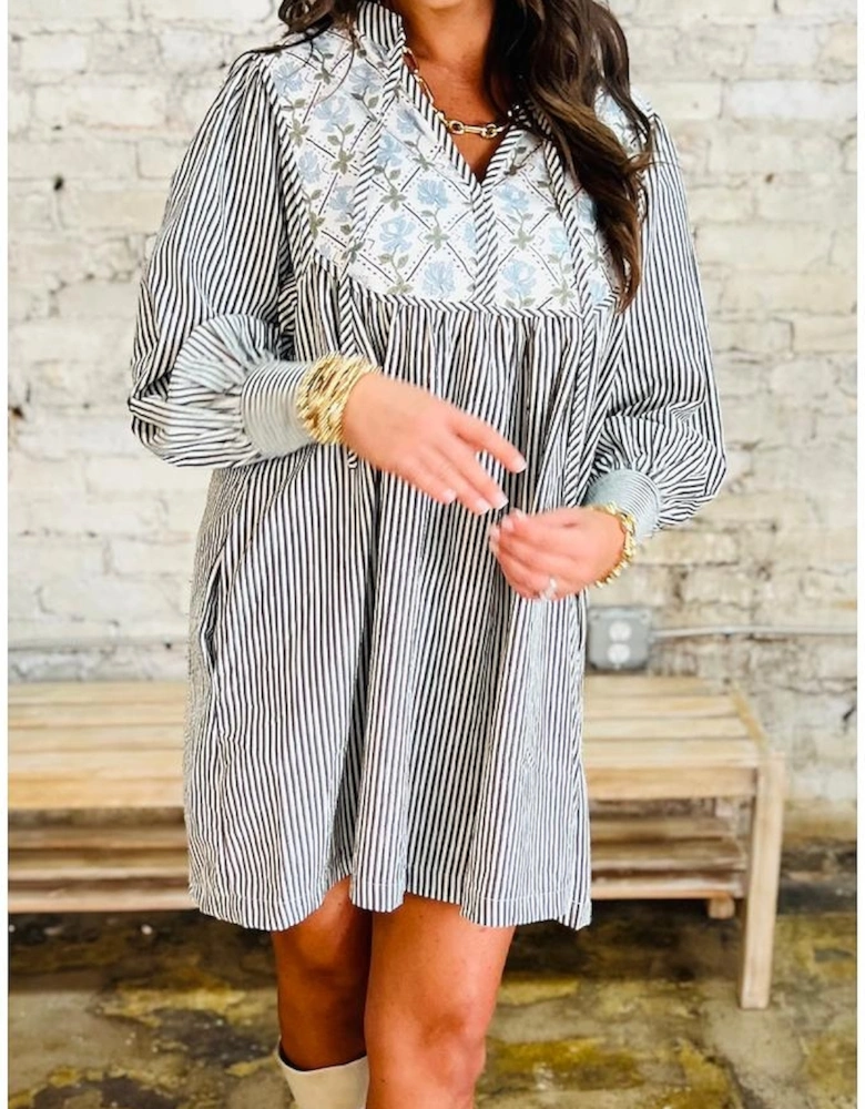 Black Stripe Floral Patchwork Tied V Neck Shift Long Sleeve Mini Dress
