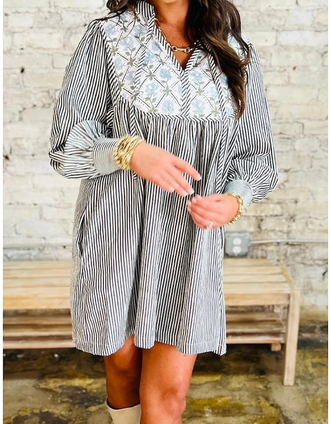 Black Stripe Floral Patchwork Tied V Neck Shift Long Sleeve Mini Dress
