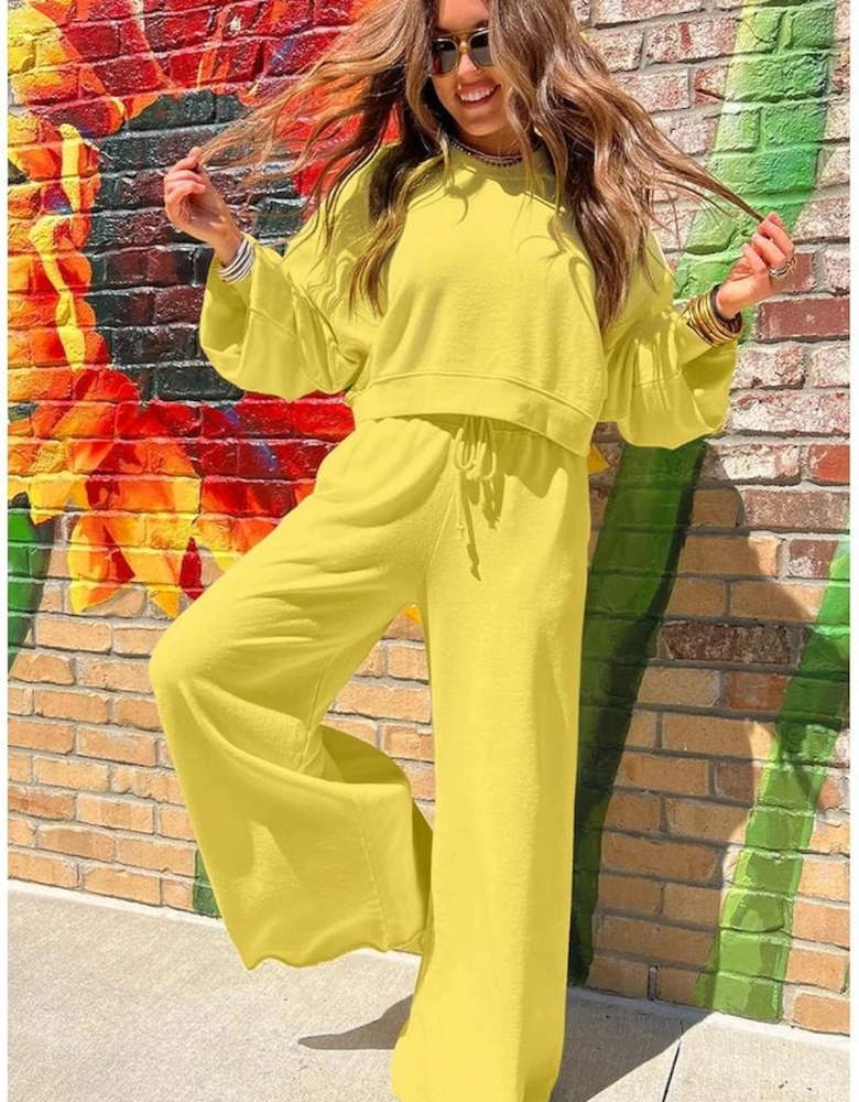 Yellow Cream Drop Shoulder Puff Sleeve Crop Pullover Drawstring Wide Leg Pants Set