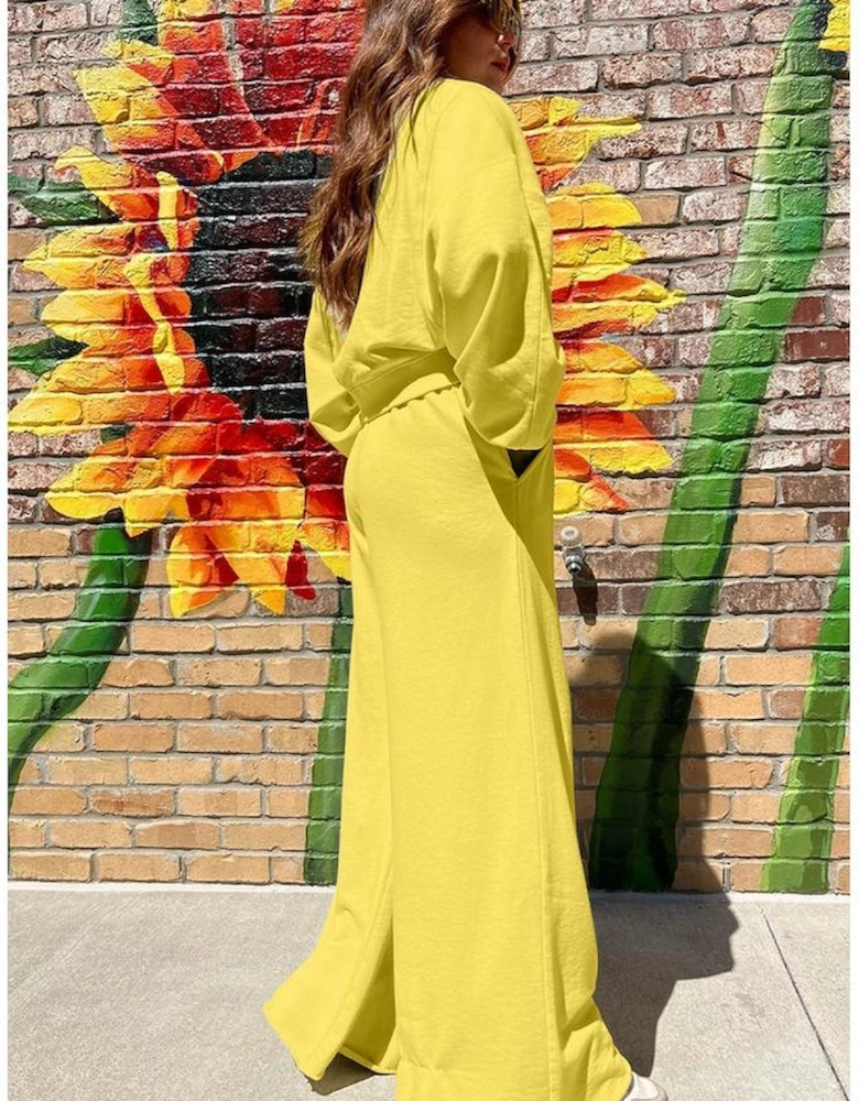 Yellow Cream Drop Shoulder Puff Sleeve Crop Pullover Drawstring Wide Leg Pants Set