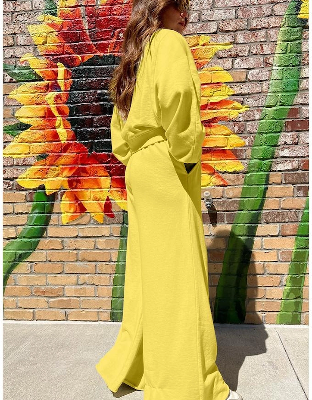 Yellow Cream Drop Shoulder Puff Sleeve Crop Pullover Drawstring Wide Leg Pants Set, 5 of 4