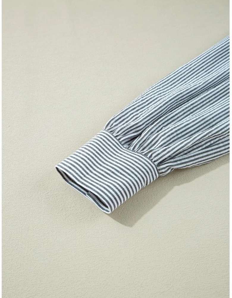 Black Stripe Floral Patchwork Tied V Neck Shift Long Sleeve Mini Dress