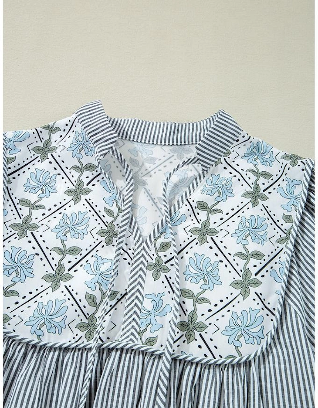 Black Stripe Floral Patchwork Tied V Neck Shift Long Sleeve Mini Dress