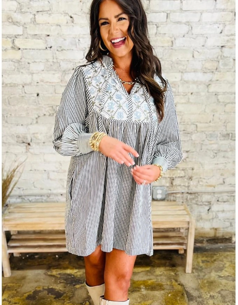 Black Stripe Floral Patchwork Tied V Neck Shift Long Sleeve Mini Dress