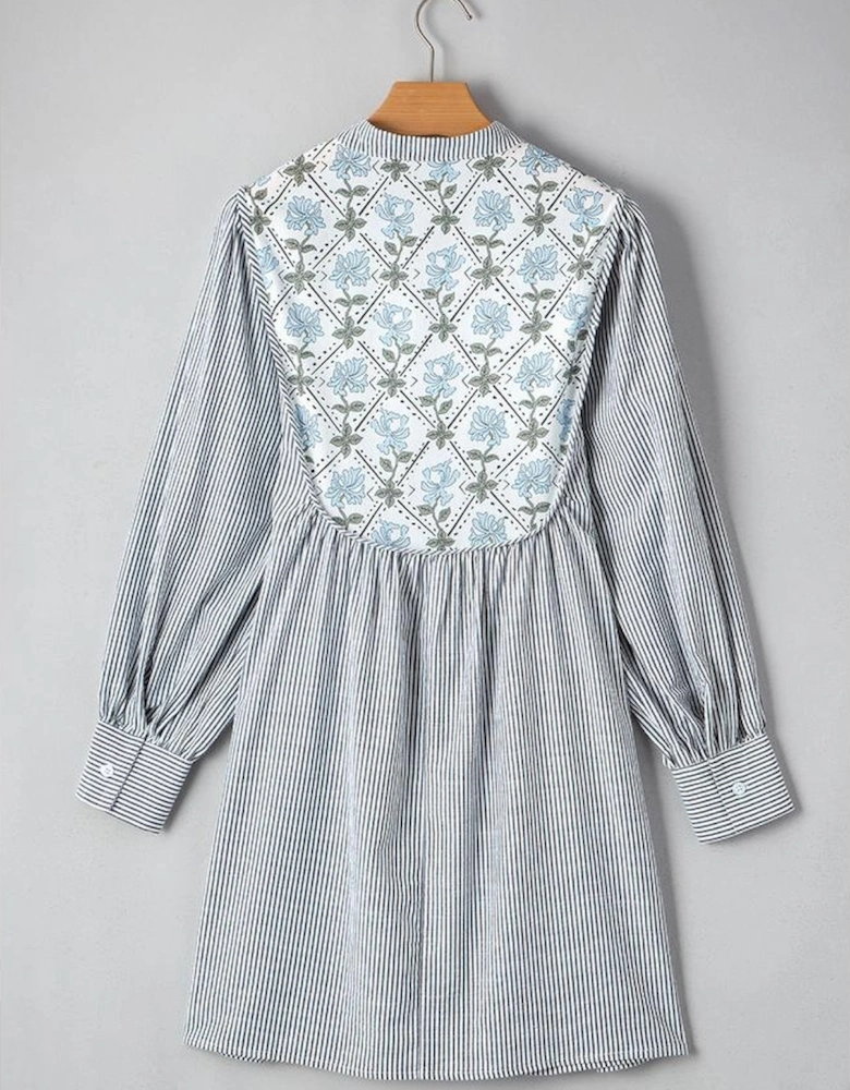 Black Stripe Floral Patchwork Tied V Neck Shift Long Sleeve Mini Dress