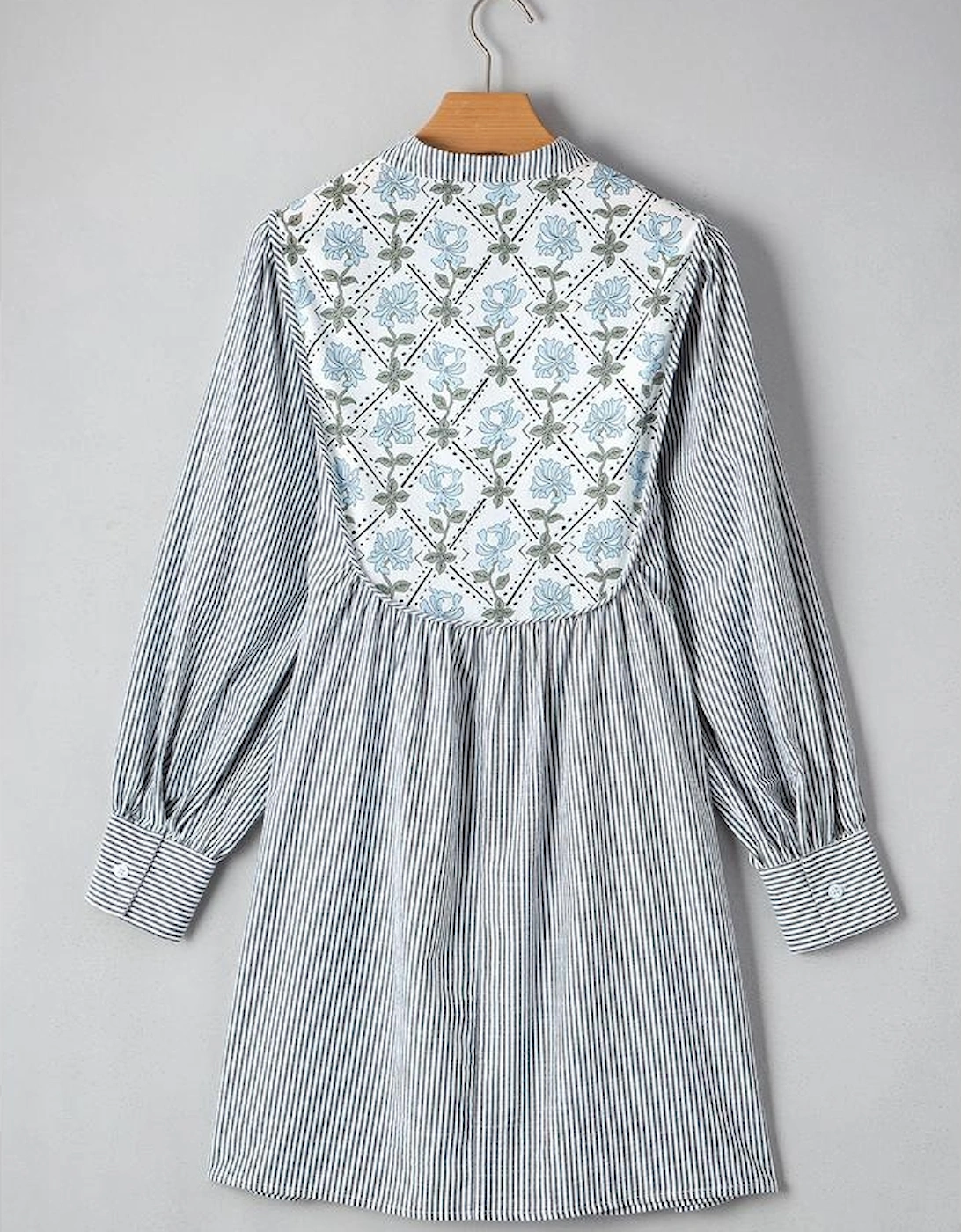 Black Stripe Floral Patchwork Tied V Neck Shift Long Sleeve Mini Dress