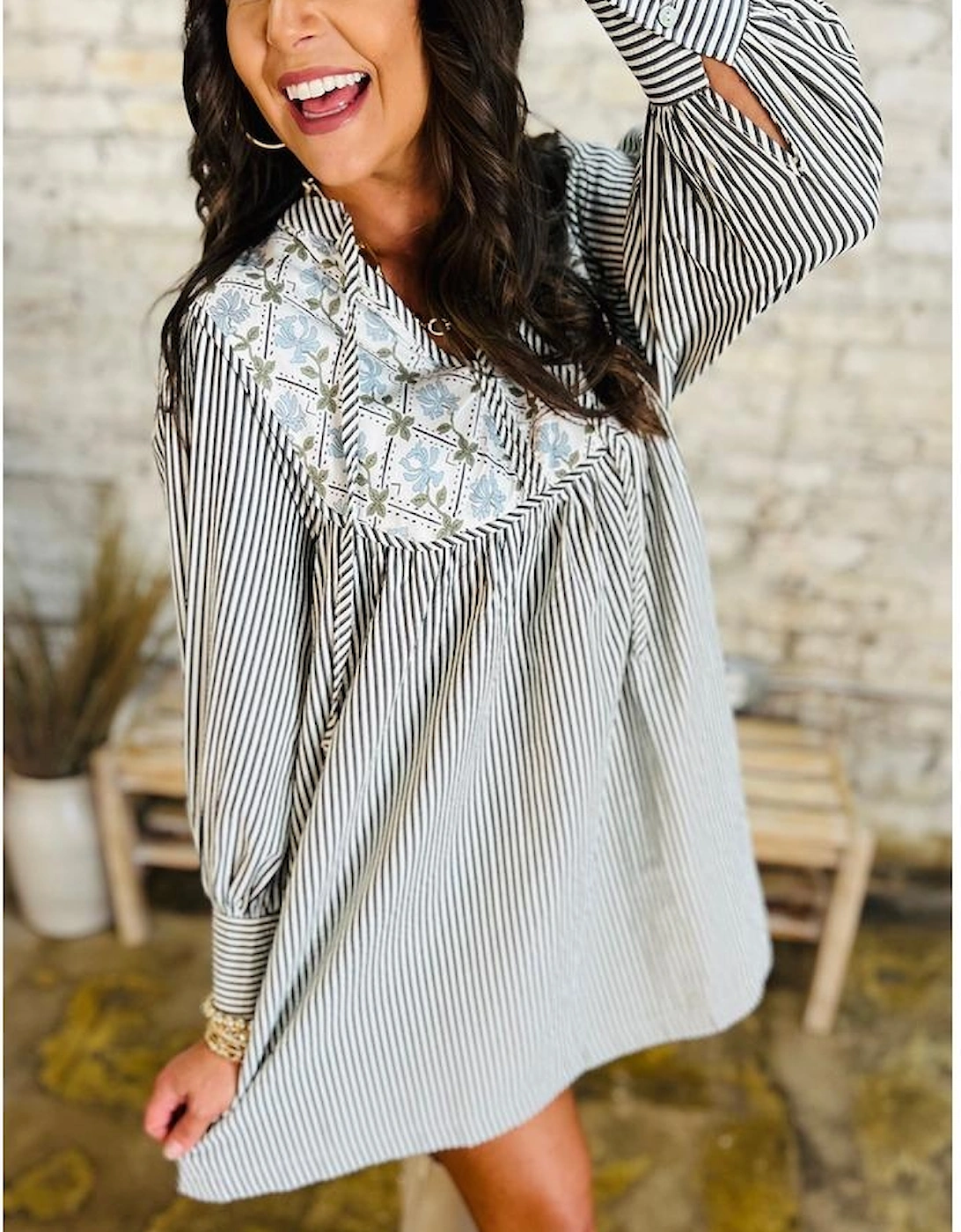 Black Stripe Floral Patchwork Tied V Neck Shift Long Sleeve Mini Dress