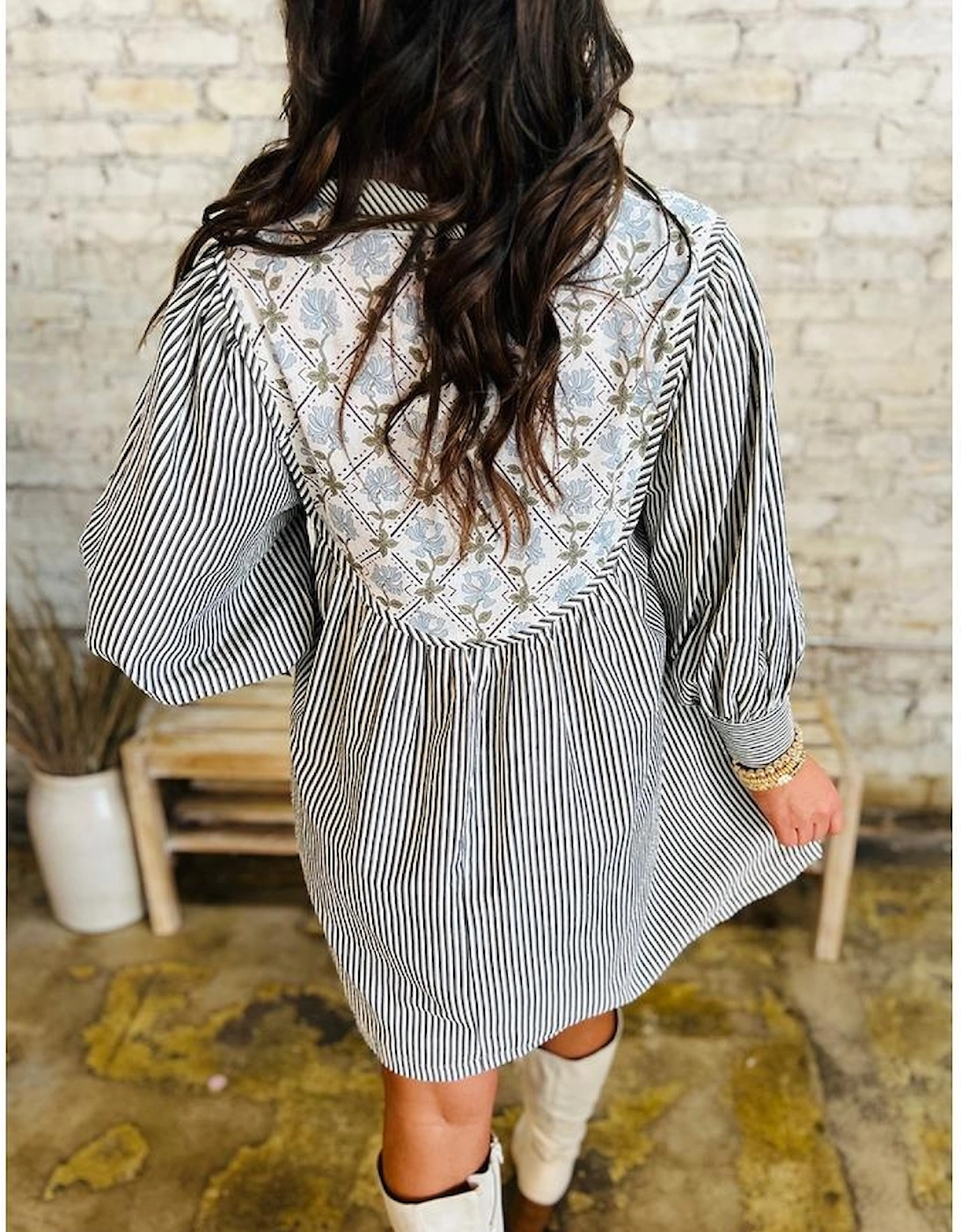 Black Stripe Floral Patchwork Tied V Neck Shift Long Sleeve Mini Dress, 15 of 14