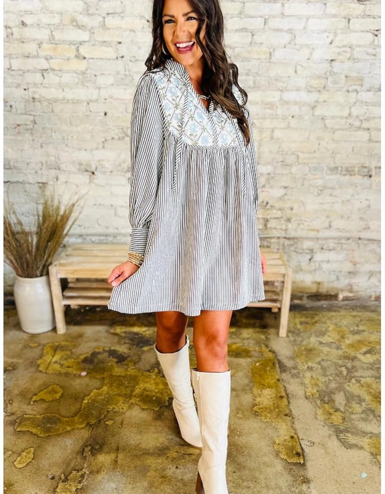 Black Stripe Floral Patchwork Tied V Neck Shift Long Sleeve Mini Dress