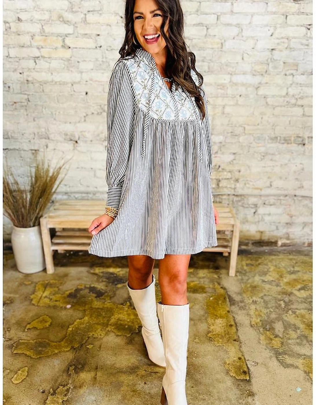 Black Stripe Floral Patchwork Tied V Neck Shift Long Sleeve Mini Dress