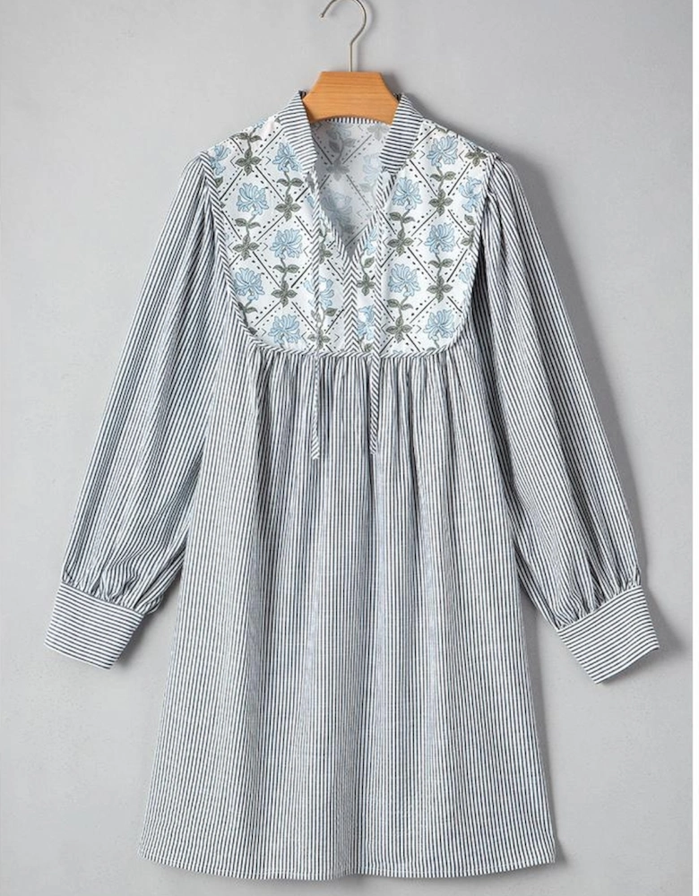 Black Stripe Floral Patchwork Tied V Neck Shift Long Sleeve Mini Dress