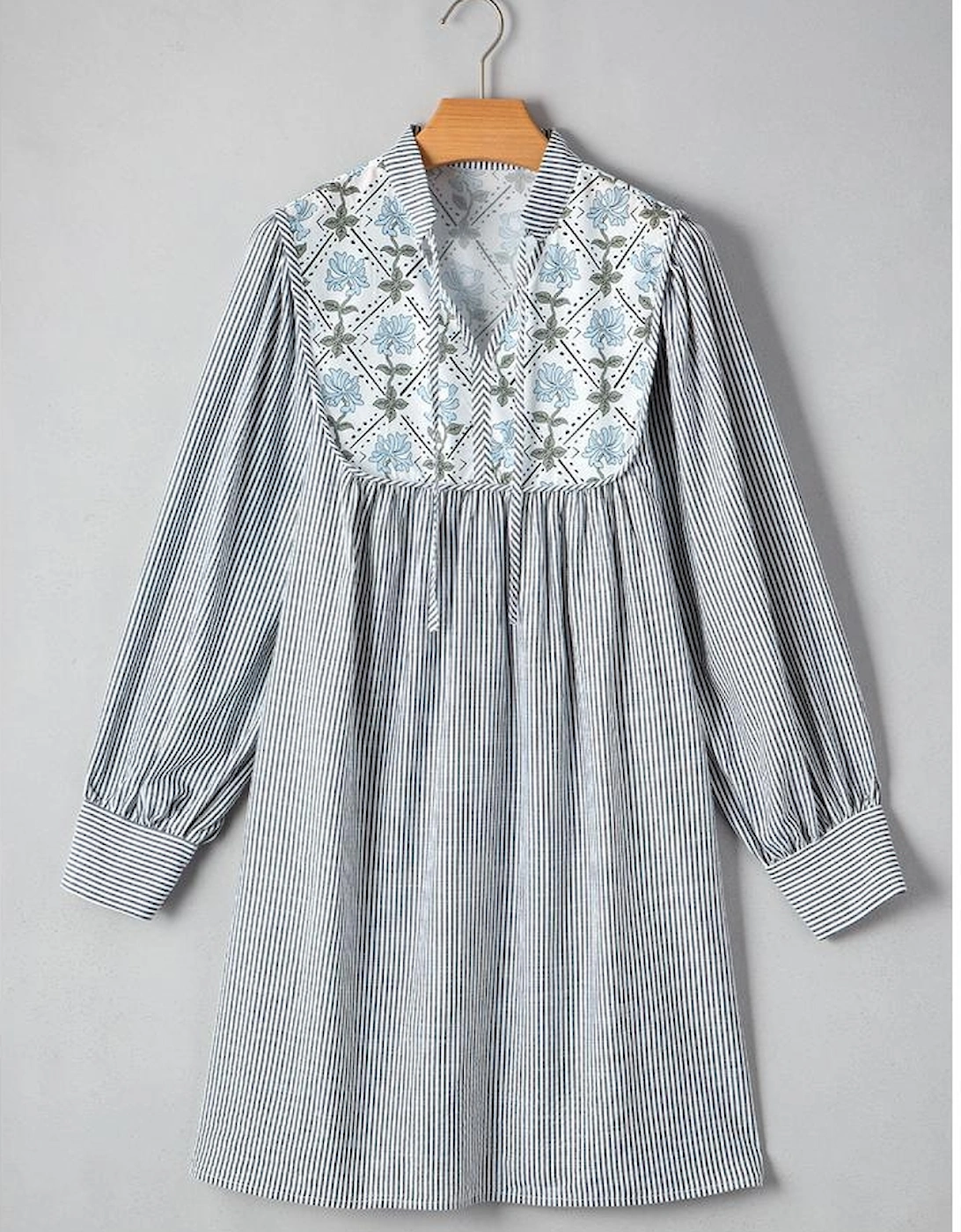 Black Stripe Floral Patchwork Tied V Neck Shift Long Sleeve Mini Dress