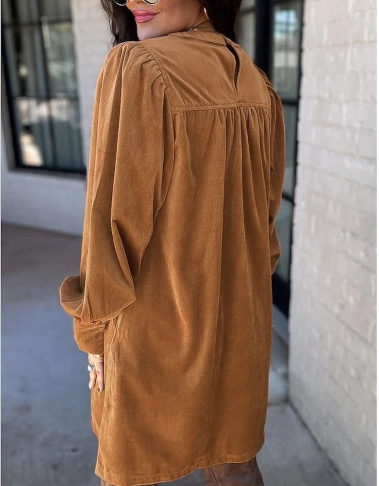 Desert Gold Corduroy Pleated Puff Sleeve Shift Short Dress