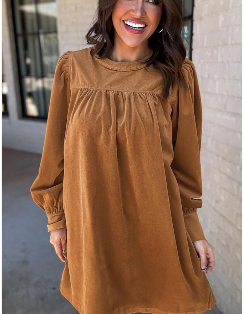 Desert Gold Corduroy Pleated Puff Sleeve Shift Short Dress