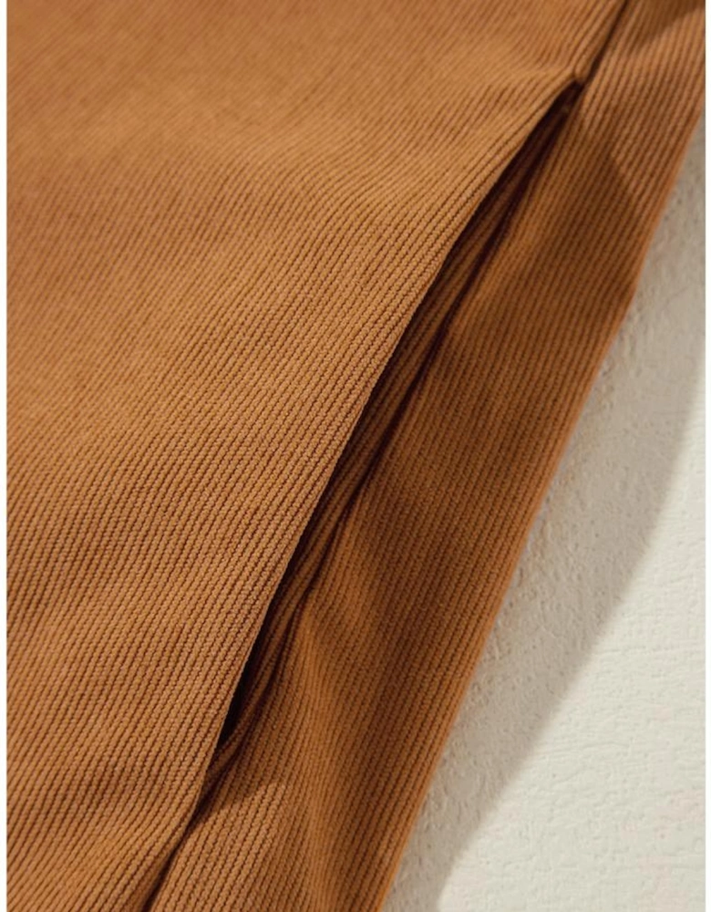 Desert Gold Corduroy Pleated Puff Sleeve Shift Short Dress