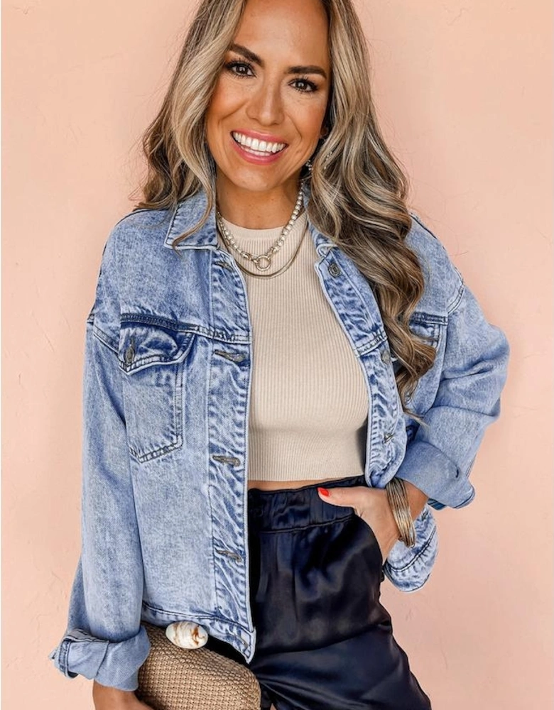 Beau Blue Vintage Washed Flap Pockets Denim Jacket