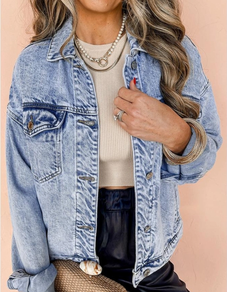 Beau Blue Vintage Washed Flap Pockets Denim Jacket