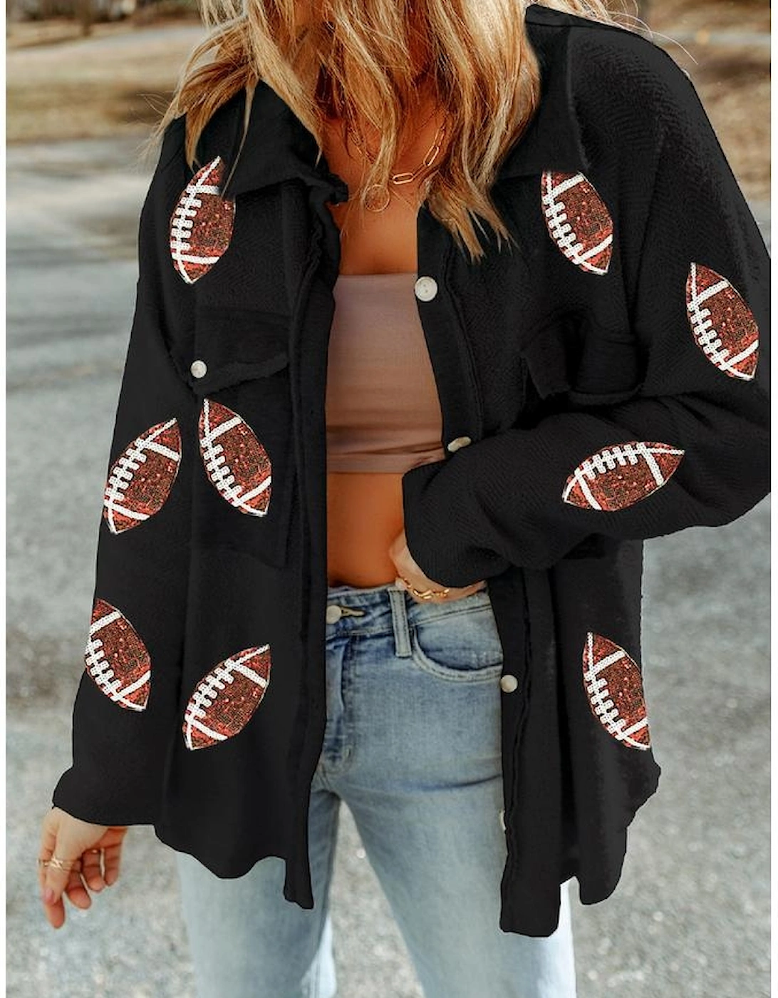 Black Sequined Rugby Flap Pockets Buttoned Shacket