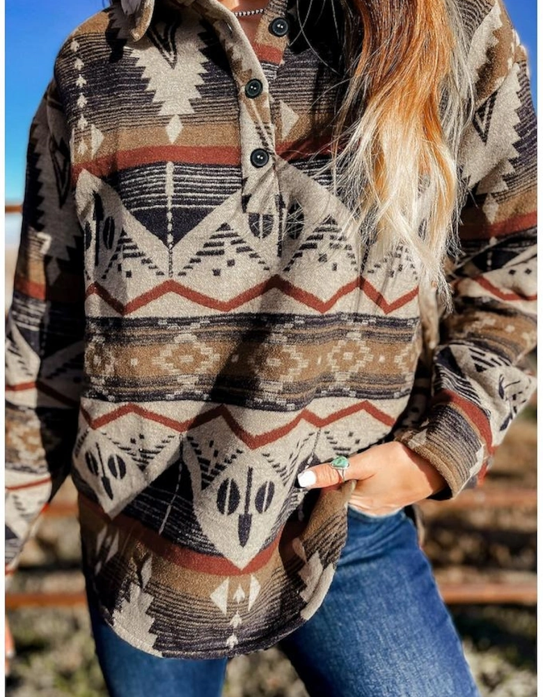 Brown Western Aztec Collared Button-up Sweatshirt