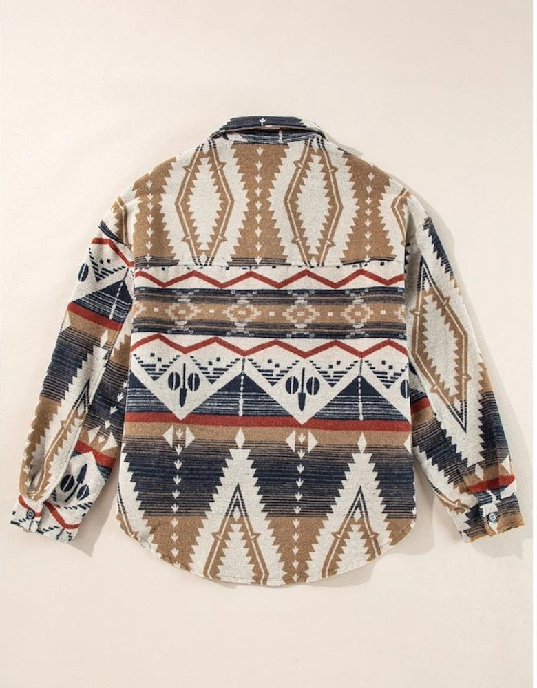 Brown Western Aztec Collared Button-up Sweatshirt