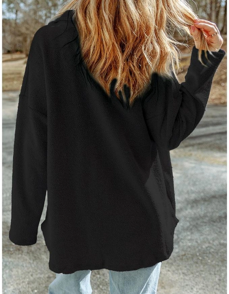 Black Sequined Rugby Flap Pockets Buttoned Shacket