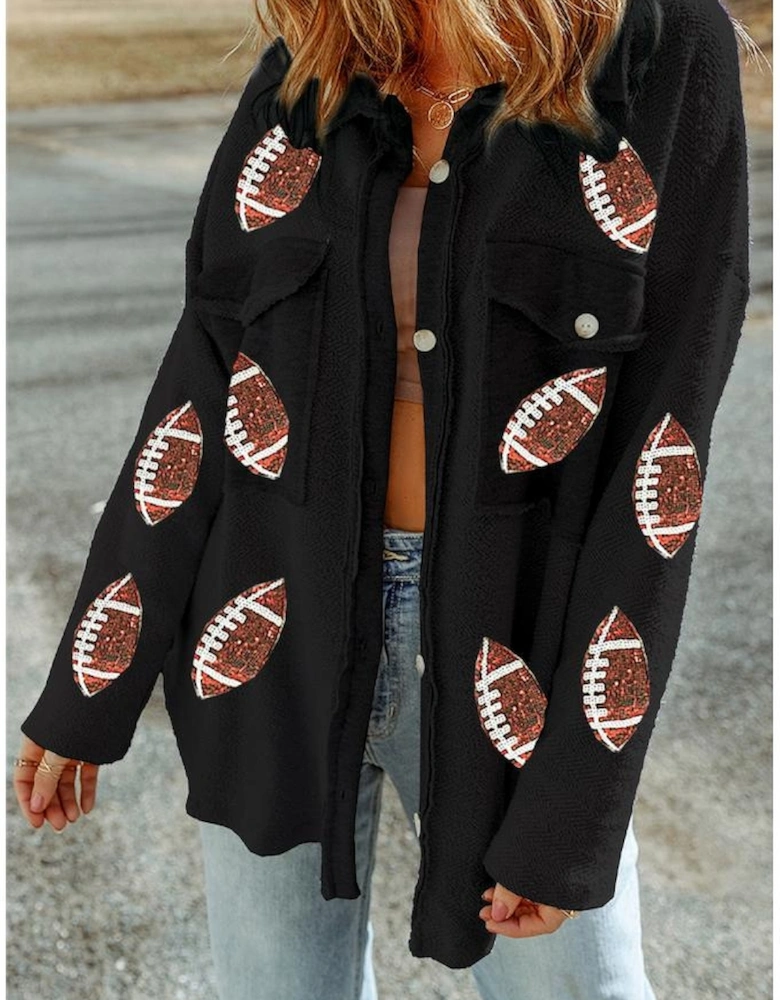 Black Sequined Rugby Flap Pockets Buttoned Shacket