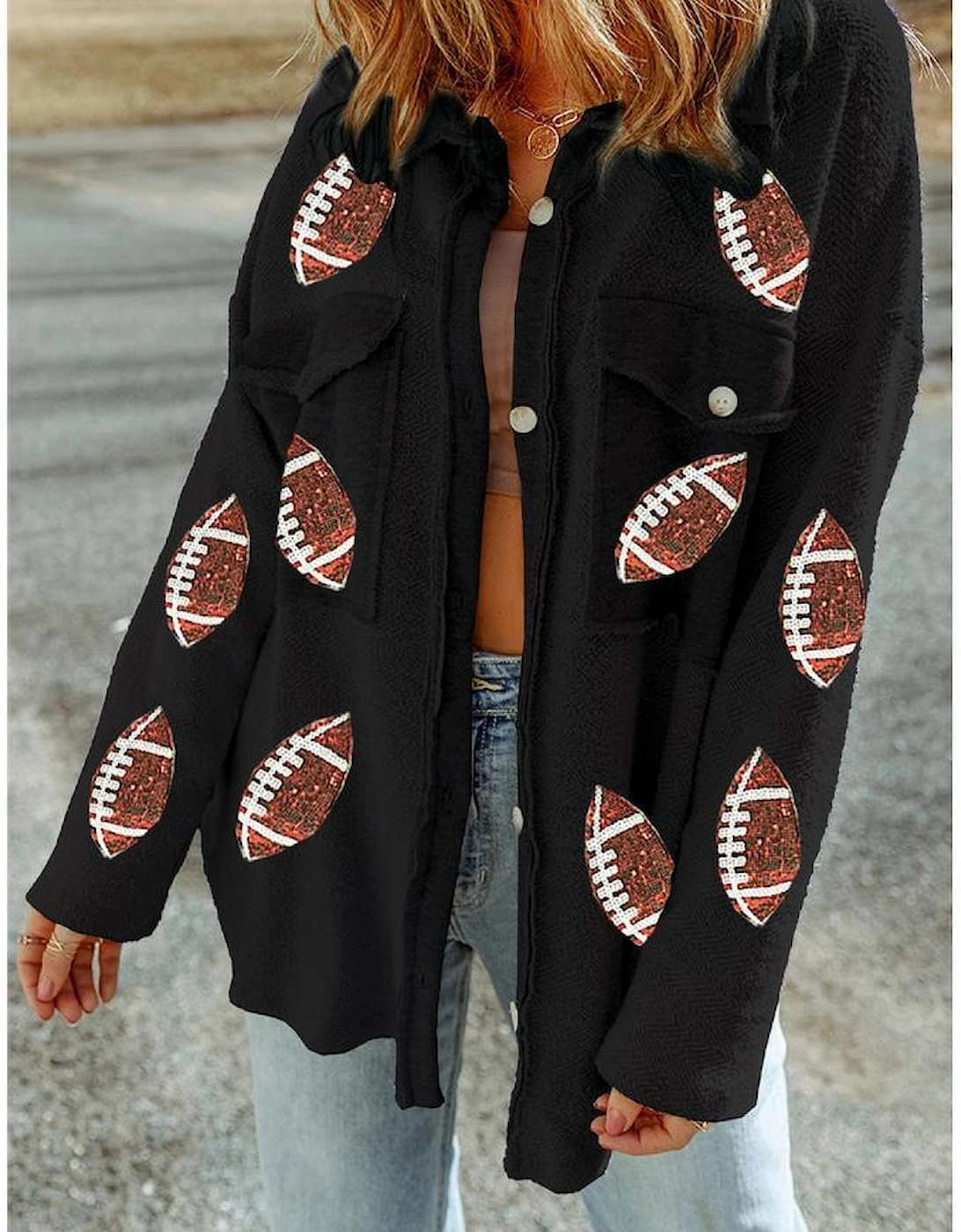 Black Sequined Rugby Flap Pockets Buttoned Shacket