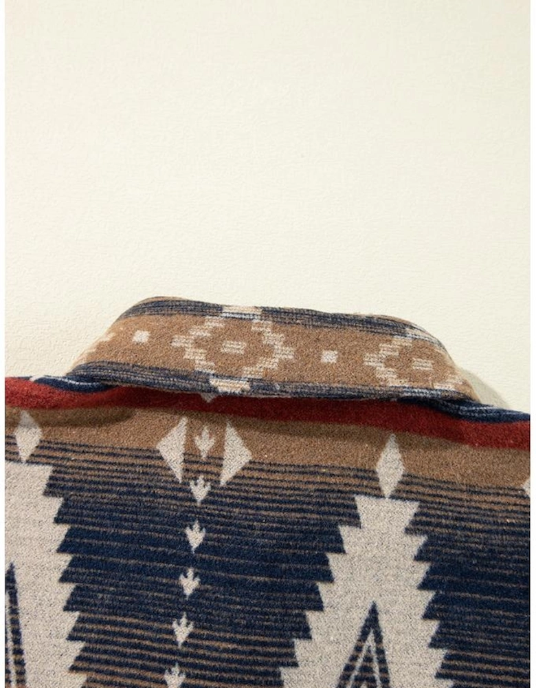 Brown Western Aztec Collared Button-up Sweatshirt