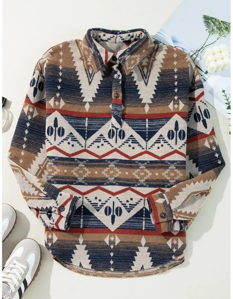 Brown Western Aztec Collared Button-up Sweatshirt