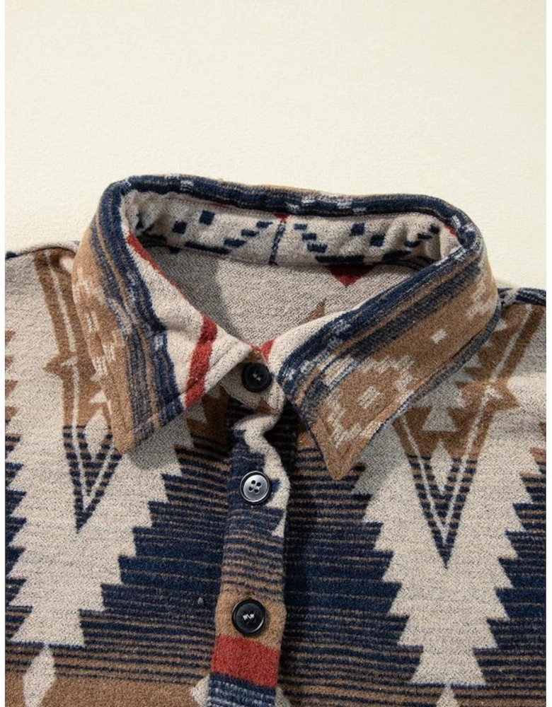 Brown Western Aztec Collared Button-up Sweatshirt