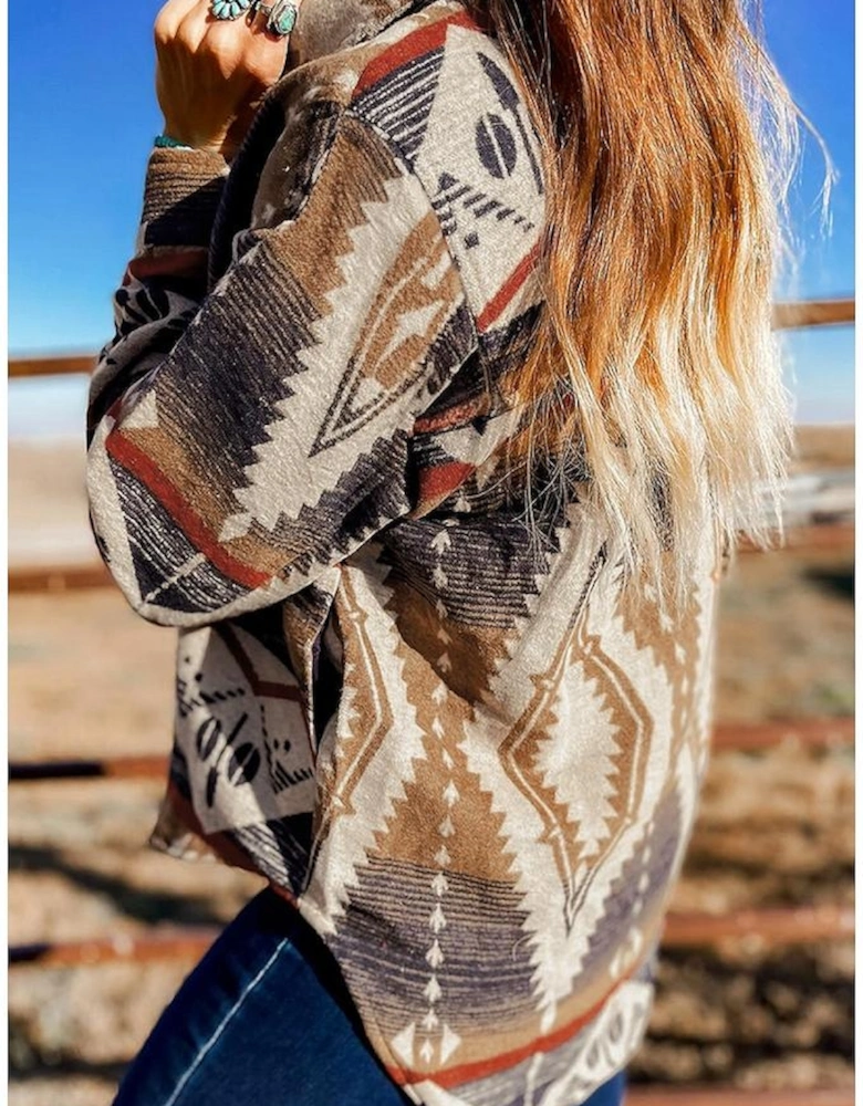 Brown Western Aztec Collared Button-up Sweatshirt