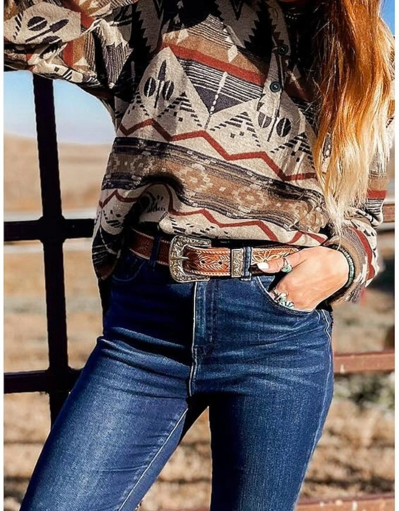 Brown Western Aztec Collared Button-up Sweatshirt