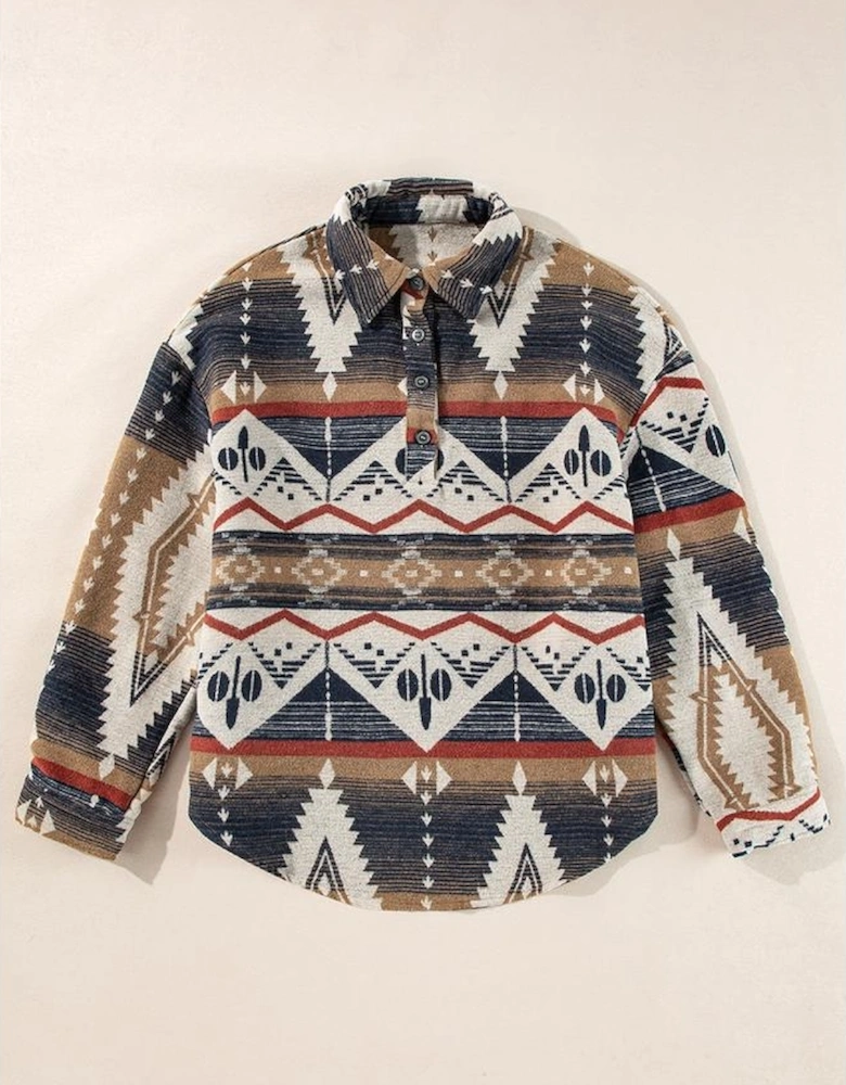Brown Western Aztec Collared Button-up Sweatshirt