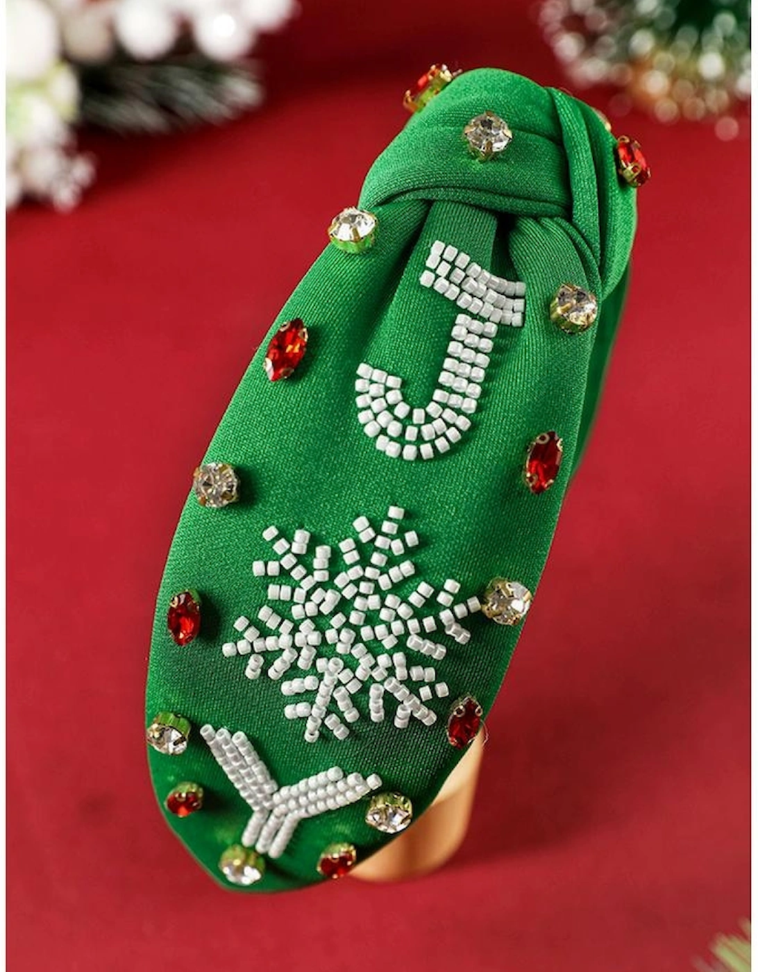 Azura Exchange Dark Green Christmas Rice Beaded Rhinestone Wide Headband