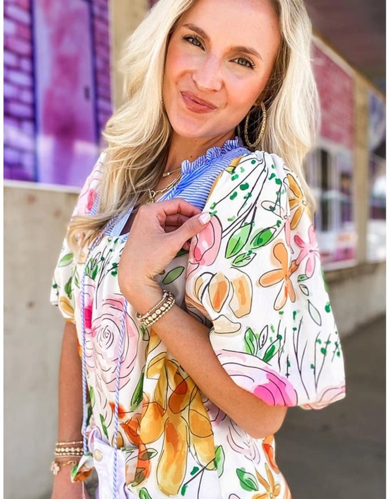 Multicolour Floral Print Striped Yoke Frilled V Neck Puff Short Sleeve Blouse