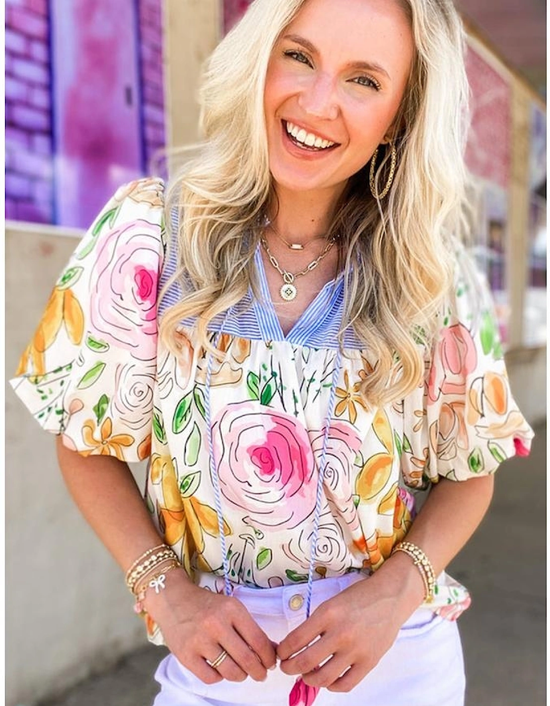 Multicolour Floral Print Striped Yoke Frilled V Neck Puff Short Sleeve Blouse