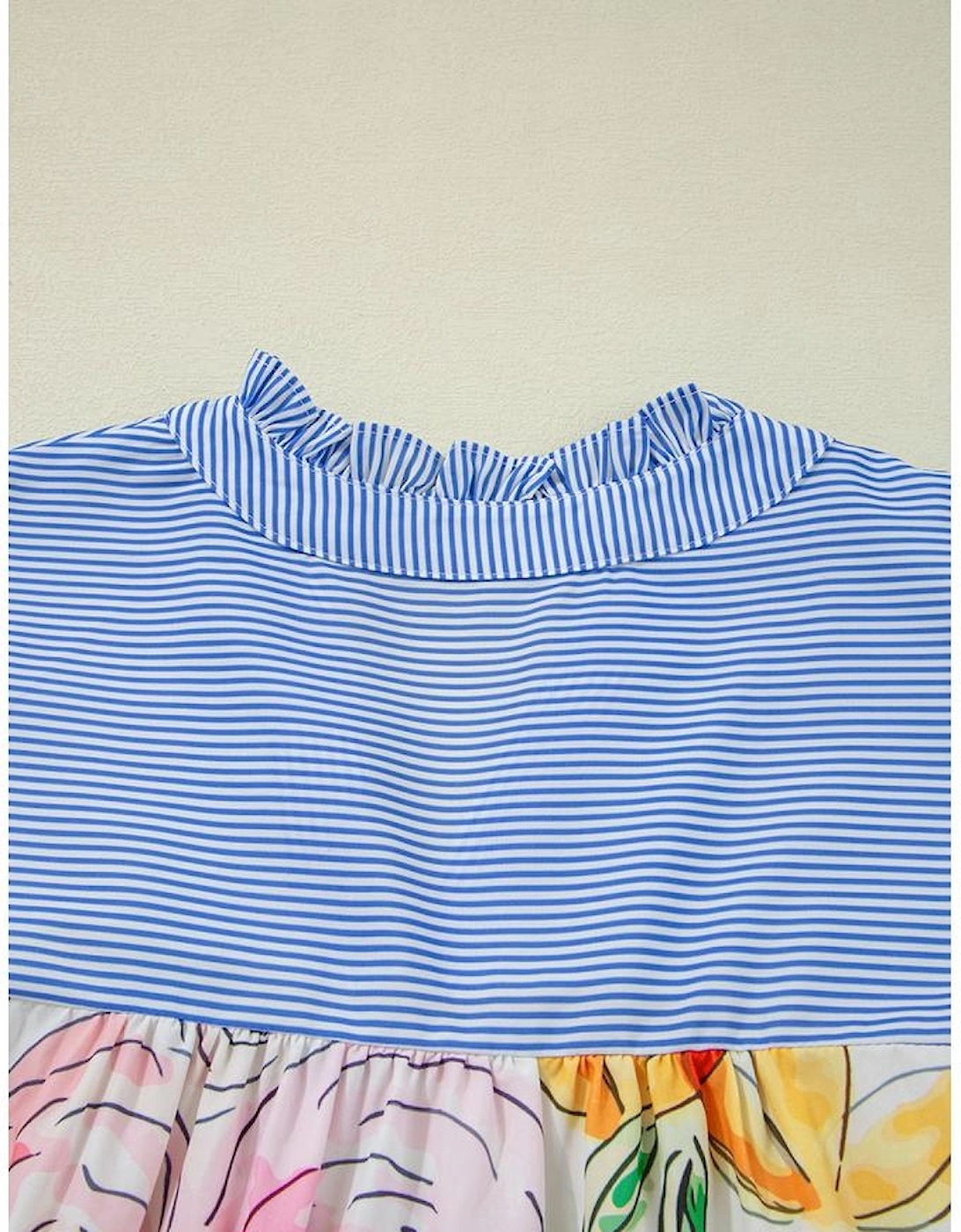 Multicolour Floral Print Striped Yoke Frilled V Neck Puff Short Sleeve Blouse