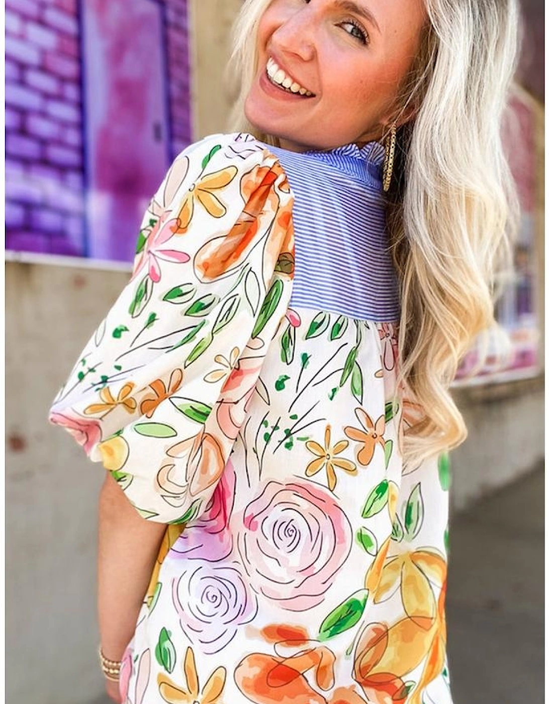 Multicolour Floral Print Striped Yoke Frilled V Neck Puff Short Sleeve Blouse