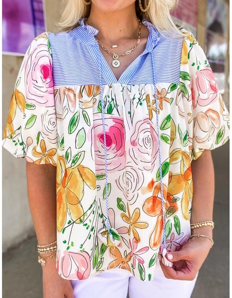 Multicolour Floral Print Striped Yoke Frilled V Neck Puff Short Sleeve Blouse
