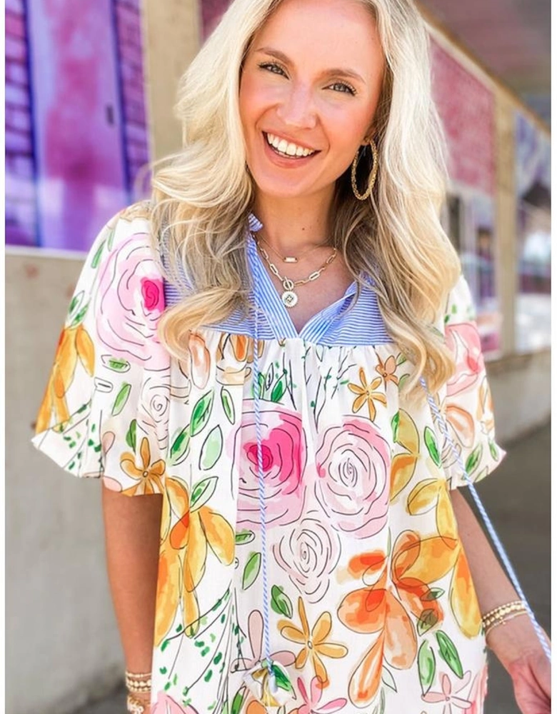 Multicolour Floral Print Striped Yoke Frilled V Neck Puff Short Sleeve Blouse